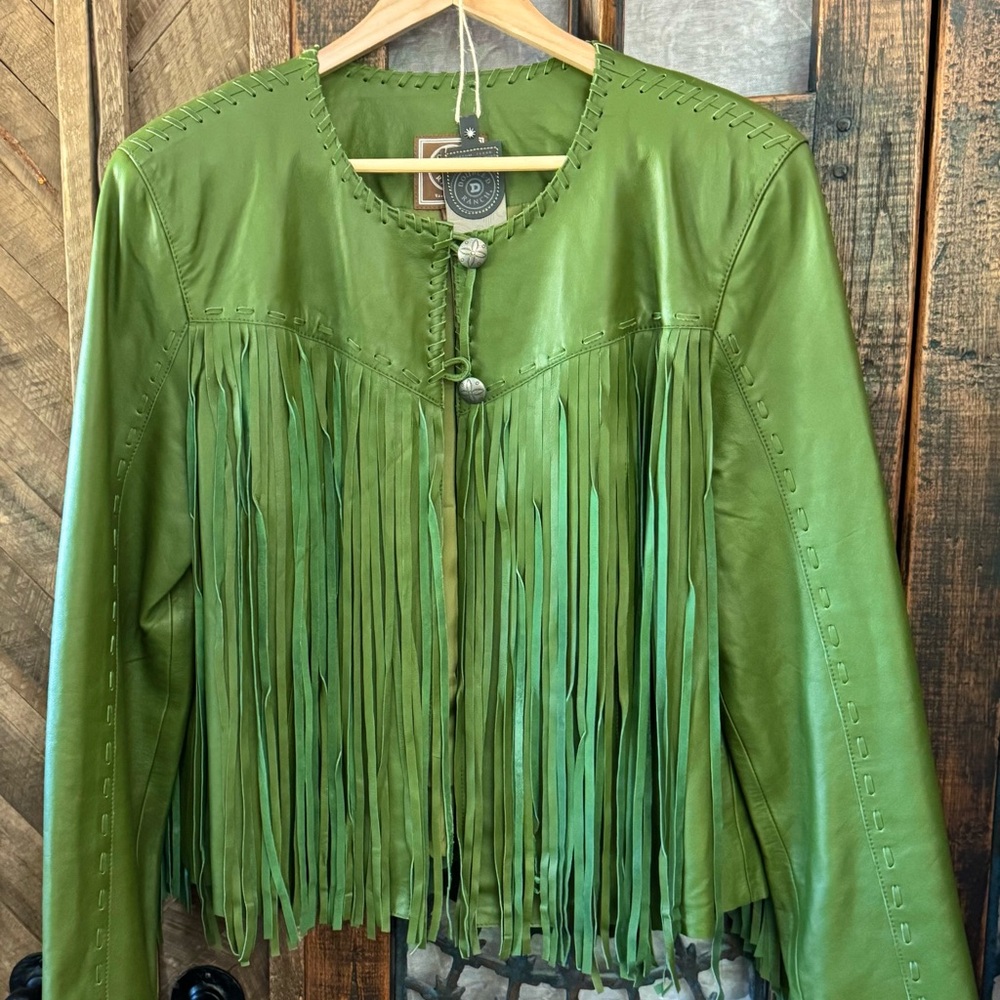 Double D Ranch Vibrant Green Giddy Up Leather Jacket with Fringe